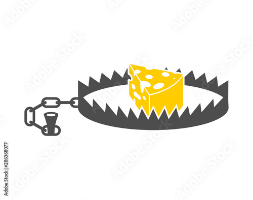 Bear trap and cheese. Metal animal mantrap. vector illustration