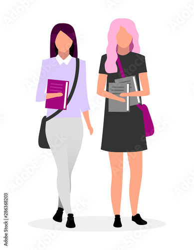 Teenage school best friends flat vector illustration. Schoolgirls with books together cartoon characters on white background. Teen classmates going to school with bags and textbooks. Stylish students