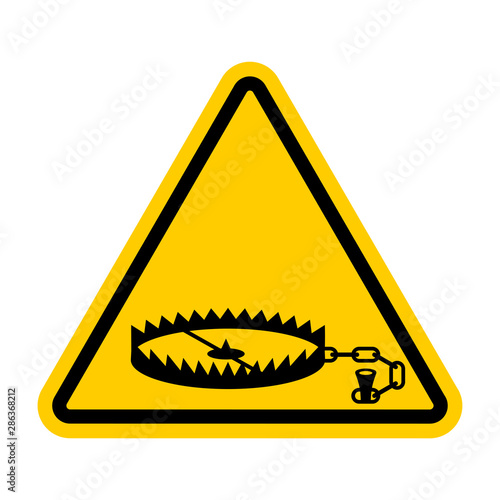 Attention Bear trap. Warning yellow road sign. Caution animal mantrap
