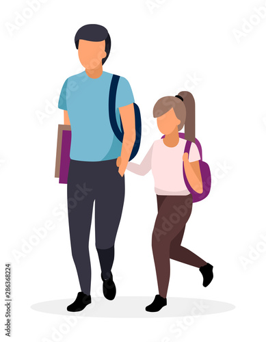 Schoolchildren, schoolkids walking flat illustration. Older brother with younger sister holding hands with backpacks cartoon characters. Preteen schoolgirl and teenage schoolboy on white background