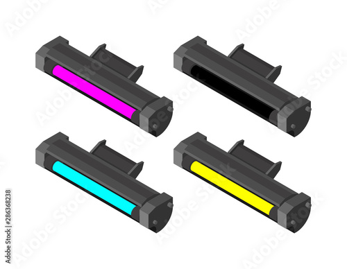 Printer toner cartridge CMYK set. Cyan and Magenta. Yellow and Key color. ink Laser Jet printer