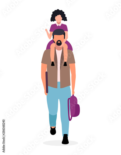 Little girl sitting on father neck flat vector illustration. Parent with schoolgirl and backpack going to kindergarten, elementary school cartoon character on white background. Happy preteen schoolkid