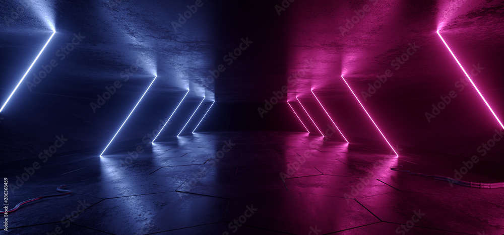 Neon Lights Purple Blue Sci Fi Futuristic Fluorescent Glowing Concrete Grunge Dark Empty Corridor Hallway Tunnel Underground Room Stage Virtual Cyber Laser Beam 3D Rendering