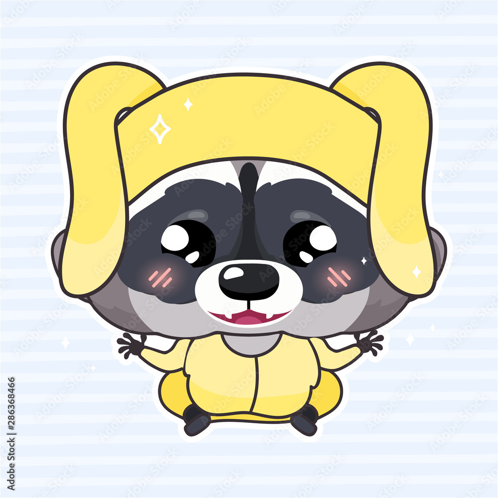 Cute raccoon kawaii cartoon vector character. Adorable and funny smiling little animal wearing hare costume isolated sticker, patch. Anime baby happy raccoon emoji on blue background Cute raccoon kawaii cartoon vector character. Adorable and funny smiling little animal wearing hare costume isolated sticker, patch. Anime baby happy raccoon emoji on blue background