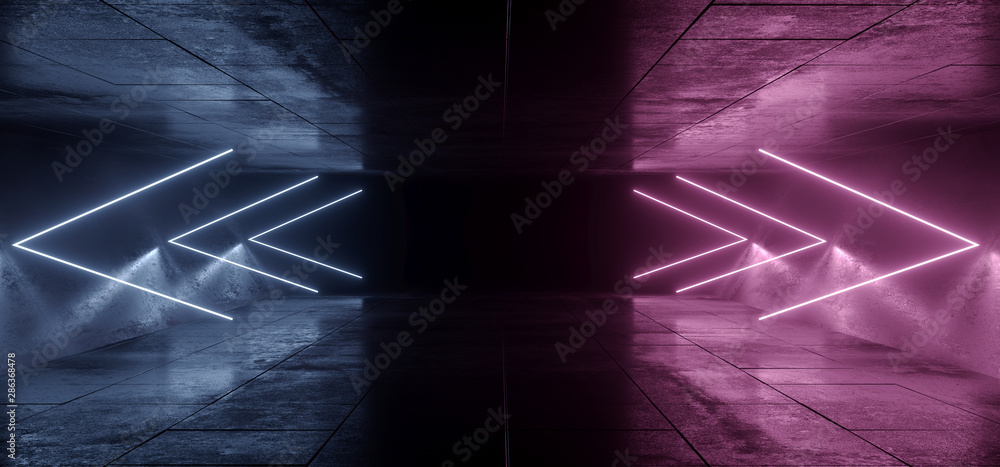 Futuristic Dark Sci Fi Arrow Shaped Neon Lights Purple Blue Futuristic Glowing Triangle Columns Concrete Grunge Empty Spaceship Tunnel Room Virtual Cyber Laser Beam 3D Rendering
