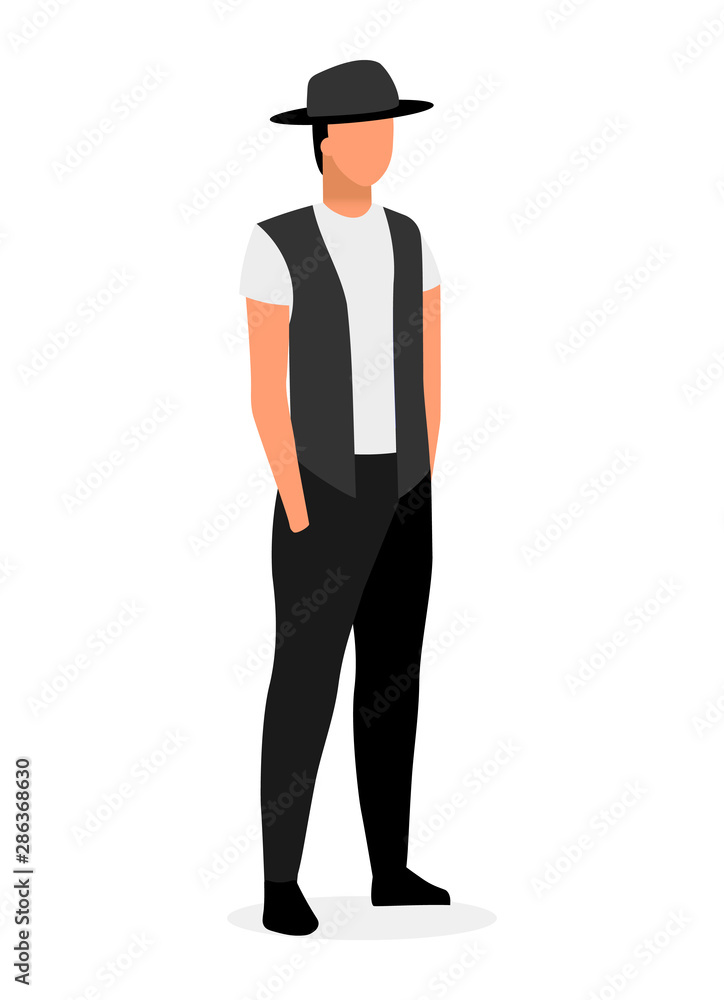 Hipster young man flat vector illustration. Guy in street style clothes and fedora hat isolated cartoon character on white background. Mens fashion model. Confident man with hands in pockets