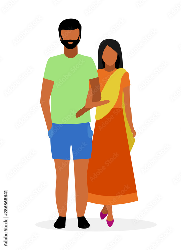 Indian couple flat vector illustration. Woman in sari, dhoti and bearded man in casual style clothes cartoon characters isolated on white background. Traditional hindu wife and husband holding hands