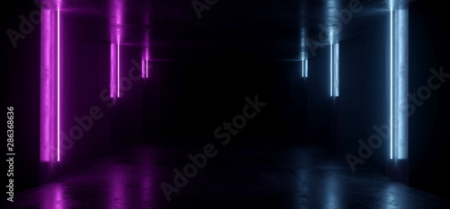 Dark Sci Fi Futuristic Neon Lights Purple Blue Futuristic Fluorescent Glowing Concrete Grunge Empty Corridor Tunnel Underground Room Stage Virtual Cyber Laser Beam 3D Rendering