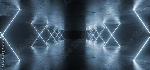 Neon Lights Blue Sci Fi Futuristic Fluorescent Glowing Concrete Grunge Dark Empty Corridor Hallway Tunnel Underground Room Stage Virtual Cyber Laser Beam 3D Rendering