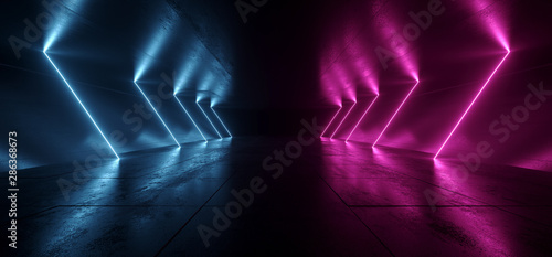 Neon Lights Purple Blue Sci Fi Futuristic Fluorescent Glowing Concrete Grunge Dark Empty Corridor Hallway Tunnel Underground Room Stage Virtual Cyber Laser Beam 3D Rendering © IM_VISUALS