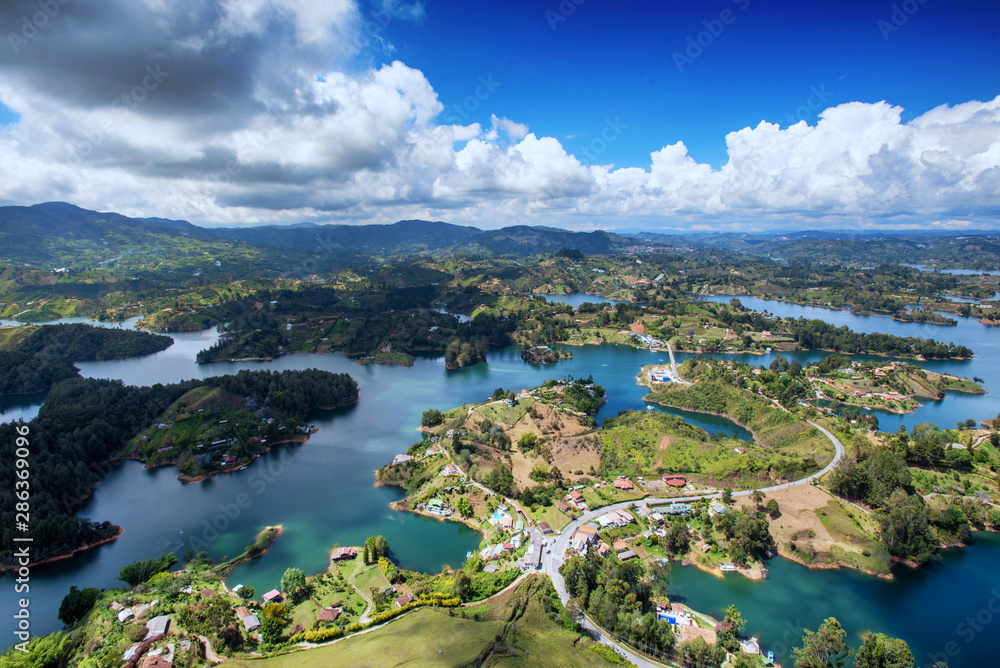 View of the terrace and surrounding landscape leading to La Piedra Penol in Antioquia, Colombia outside the colorful town of Guatape