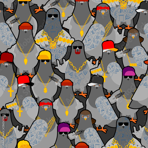 Pigeon gangster gang pattern seamless. Cool City bird background . SWAG gangsta ornament. Pigeon guy rapper. vector texture