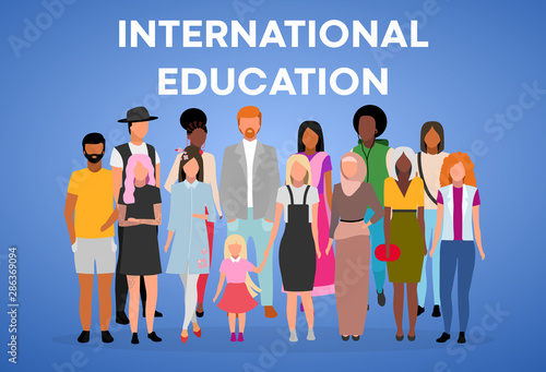International education poster vector template. Multinational students exchange program. Brochure, cover, booklet page concept with flat illustrations. Advertising flyer, leaflet, banner layout idea