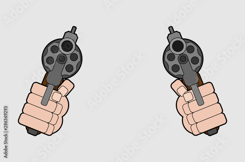 Two Revolver front view. Gun in fist isolated. Vector illustration