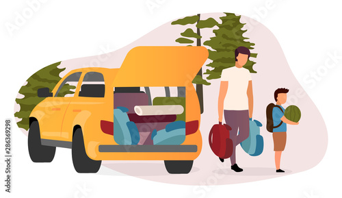 Family road trip flat vector illustration. Cartoon father and son carrying backpacks, watermelon. Car loaded with camping equipment. Summer vacation, backpacking holiday in countryside, forest