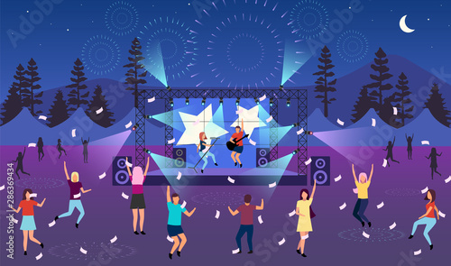 Nighttime music festival flat vector illustration. Open air live performance. Rock, pop musician concert, party in park, camp. Summertime fun outdoor activity. Dancing cartoon characters