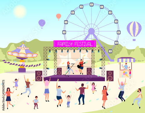 Family festival activities flat vector illustration. Open air live performance. Rock, pop musician concert in park, camp.Children and parents spending time together. Dancing cartoon characters