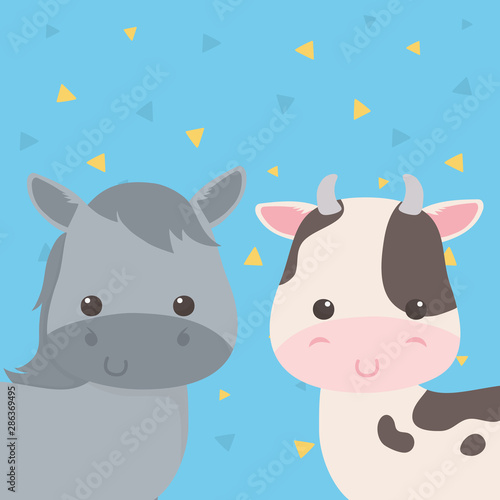 cute horse and cow animals farm characters