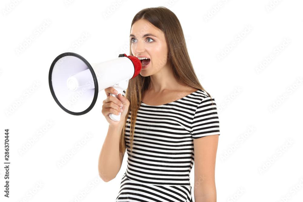 Young woman with megaphone on white background Young woman with megaphone on white background