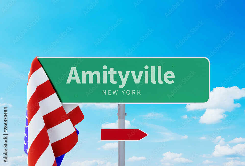Amityville New York. Road or Town Sign. Flag of the united states