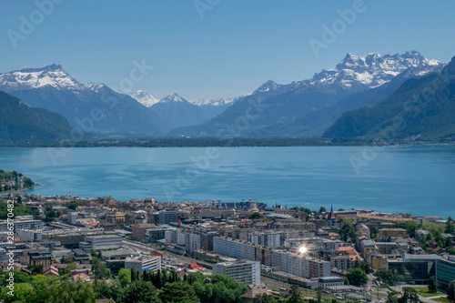 View on Lausanne town, Lake Geneva and Alps Mountains, Switzerland