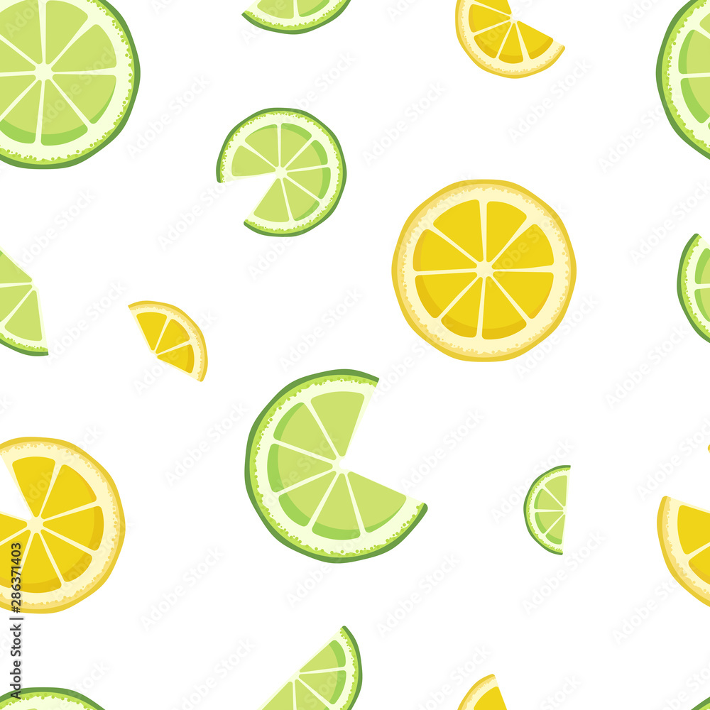 Vector seamless pattern with lime and lemon slices isolated on white background. Endless texture for cafe, bar, fruit shop.Citrus fruit print. Cover for planner, notebook. Yellow and green colors.