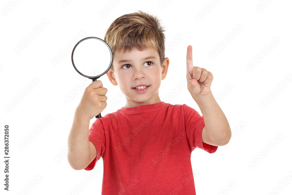 Little boy with magnifying glass on white background Little boy with magnifying glass on white background