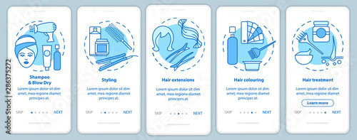 Hairdresser salon services blue onboarding mobile app page screen with linear concepts. Hair styling parlor walkthrough steps graphic instructions. UX, UI, GUI vector template with illustrations