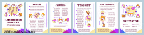 Hairdresser services brochure template layout. Hair styling salon flyer, booklet, leaflet print design with linear illustrations. Vector page layouts for magazines, annual reports, advertising posters