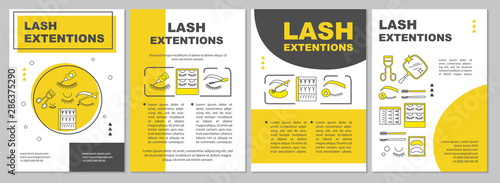 Lash extension brochure template layout. False eyelashes yellow flyer, booklet, leaflet print design with linear illustrations. Vector page layouts for magazines, annual reports, advertising posters