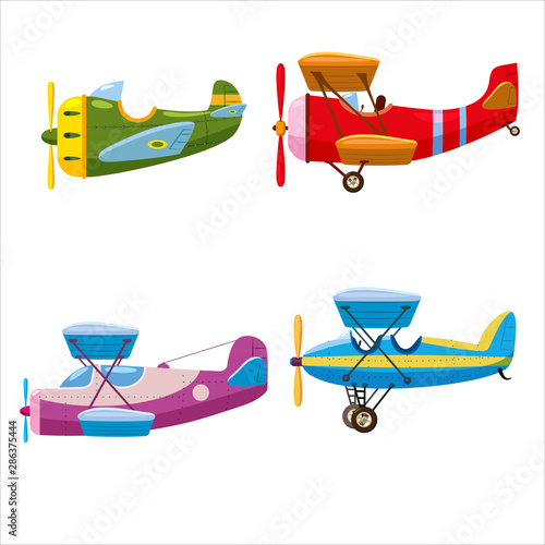 Set of airplanes aircraft different colour. Retro, personal, biplane monoplane