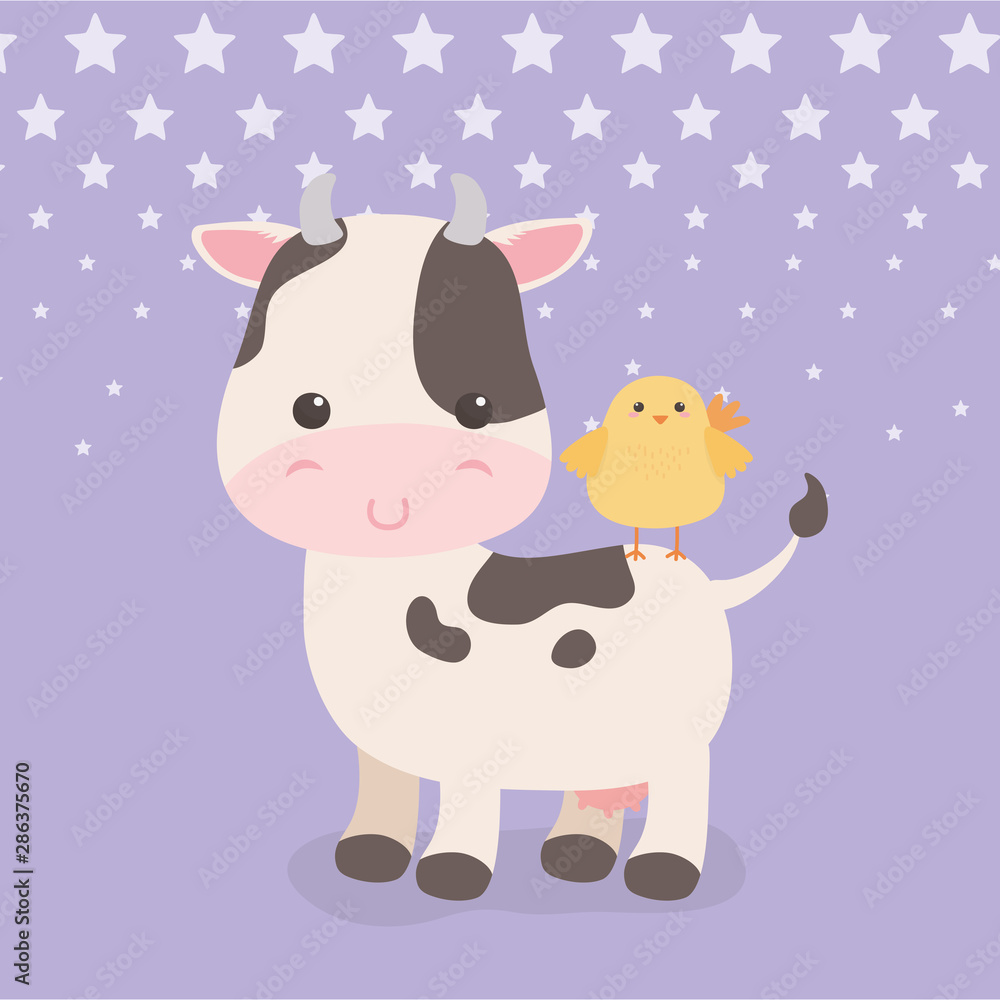 cute cow and chick animals farm characters