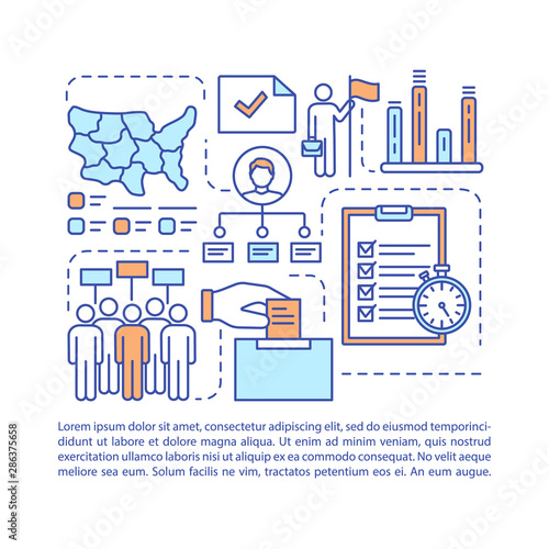Elections article page vector template. Voting day. Brochure, magazine, booklet design element with linear icons and text boxes. Print design. Concept illustrations with text space