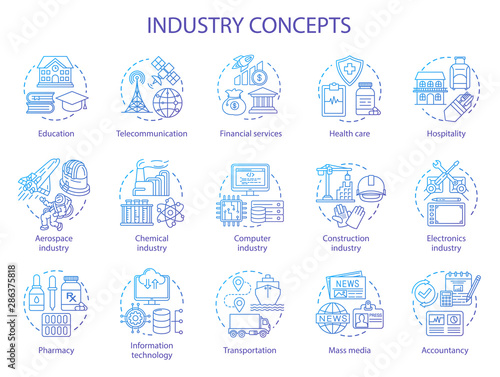 Industry concept icons set. Technology development. Manufacturing, provide service, research and development idea thin line illustrations. Vector isolated outline drawings. Editable stroke