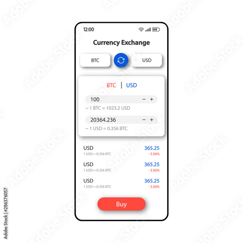 Currency exchange smartphone interface vector template. Mobile app page white design layout. Bitcoin and dollar exchange rates screen. Flat UI for application. Cryptocurrency converter phone display