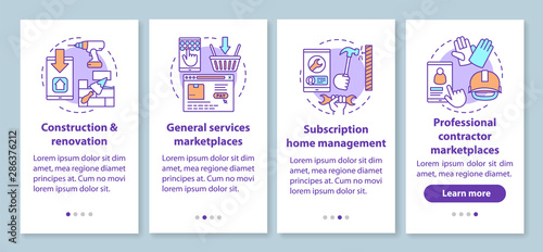 Online marketplaces onboarding mobile app page screen with linear concepts. E commerce, customer services walkthrough steps graphic instructions. UX, UI, GUI vector template with illustrations