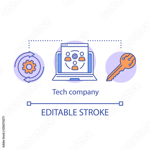 Tech company concept icon. IT industry, corporate cooperation idea thin line illustration. Modern business. Gear, laptop and cryptographic key vector isolated outline drawing. Editable stroke