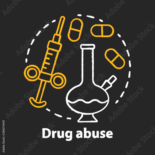 Drug abuse chalk concept icon. Narcotic, opioid addiction idea. Bong, syringe and pills. Cocaine, heroin and marijuana. Substance abuse. Vector isolated chalkboard illustration