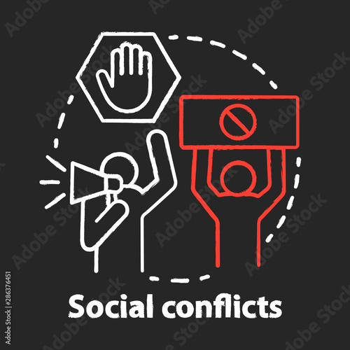 Social conflicts and disputes chalk concept icon. Antisocial behaviour, violence and unrest idea. Riot, strike, civil protest. Vector isolated chalkboard illustration