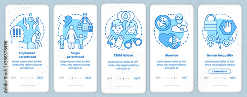 Social issues onboarding mobile app page screen with linear concepts. Single parenthood, child labour, abortion, gender inequality walkthrough graphic instructions. UX, UI, GUI template with icons