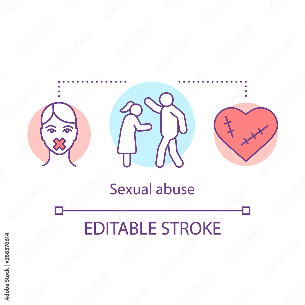 Sexual abuse concept icon. Sex crimes, domestic violence and harassment against women. Sexual assault, rape, offense idea thin line illustration. Vector isolated outline drawing. Editable stroke