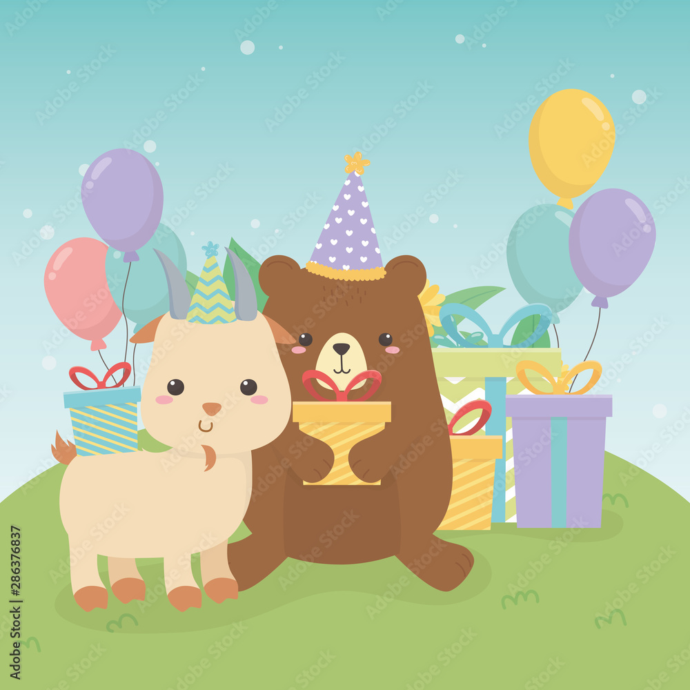 Obraz premium cute bear teddy and goat in birthday party scene