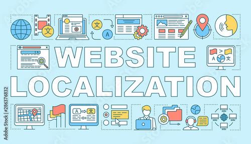 Website localisation word concepts banner. Manage multilingual websites, international SEO. Presentation, website. Isolated lettering typography idea with linear icons. Vector outline illustration