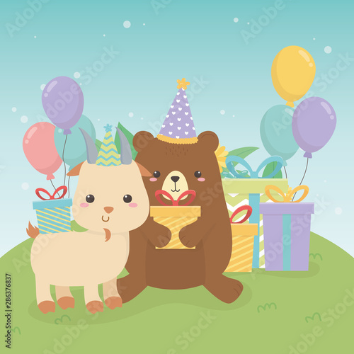 cute bear teddy and goat in birthday party scene
