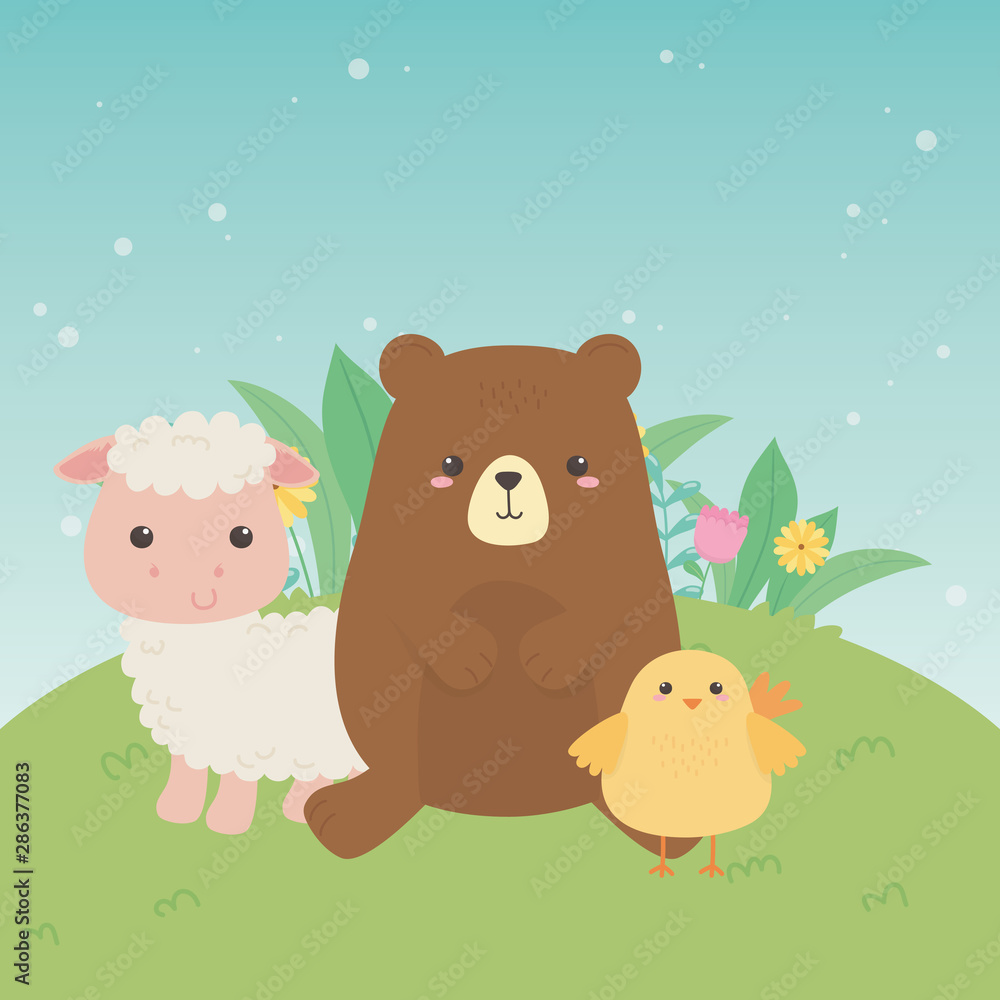Fototapeta premium cute bear and sheep and chick animals farm characters