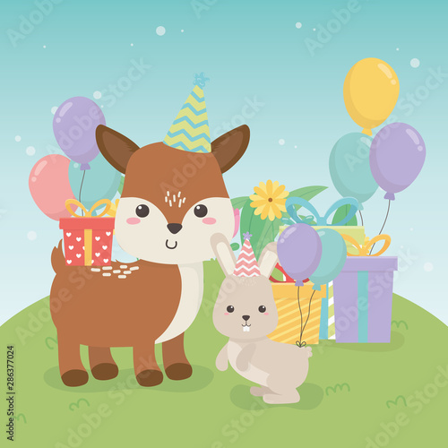 cute fawn and rabbit in birthday party scene © Stockgiu