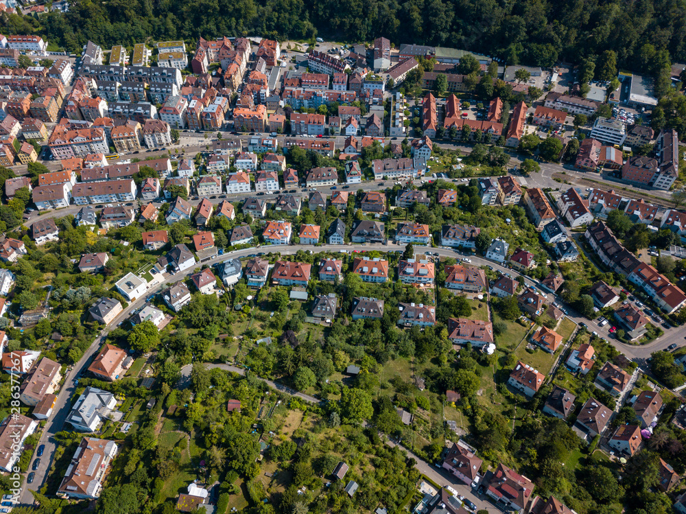 Aerial view of the southern parts of Stuttgart, one of the most important industrial cities in Germany.