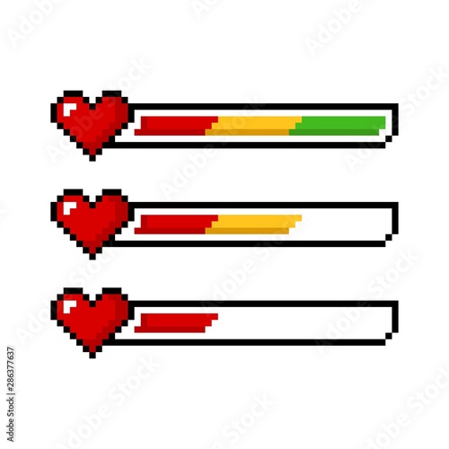Pixel art 8 bit red yellow green health heart bar set - isolated vector illustration