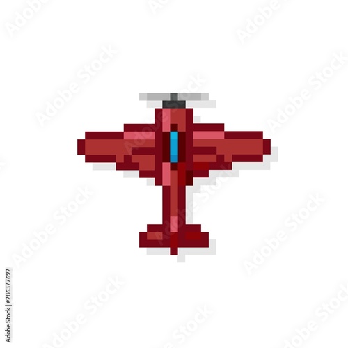 Pixel art 8 bit arcade fighter air plane red isolated vector illustration