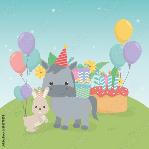 cute hors and rabbit in birthday party scene © Stockgiu